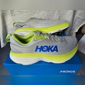 Hoka Gray and Lime Running Shoes with Blue Logo